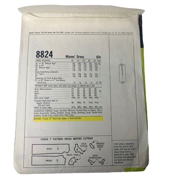 Vintage 60s McCalls 8824 Pattern Misses 10-18 Front Yoke Dress Mod Easy Cut - Picture 3 of 4